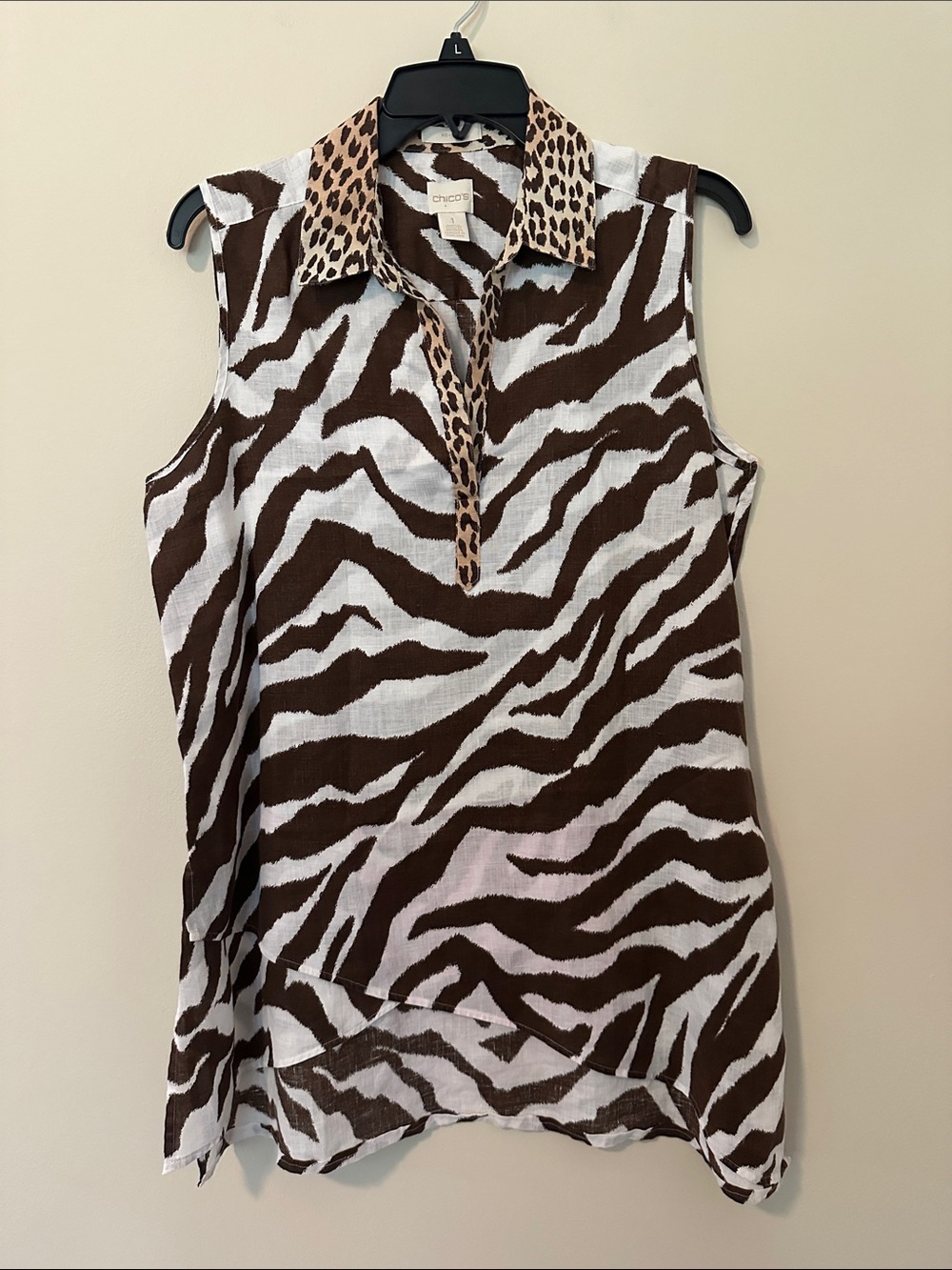Chico's Brown and White Zebra-Print Sleeveless Polo with Leopard Collar